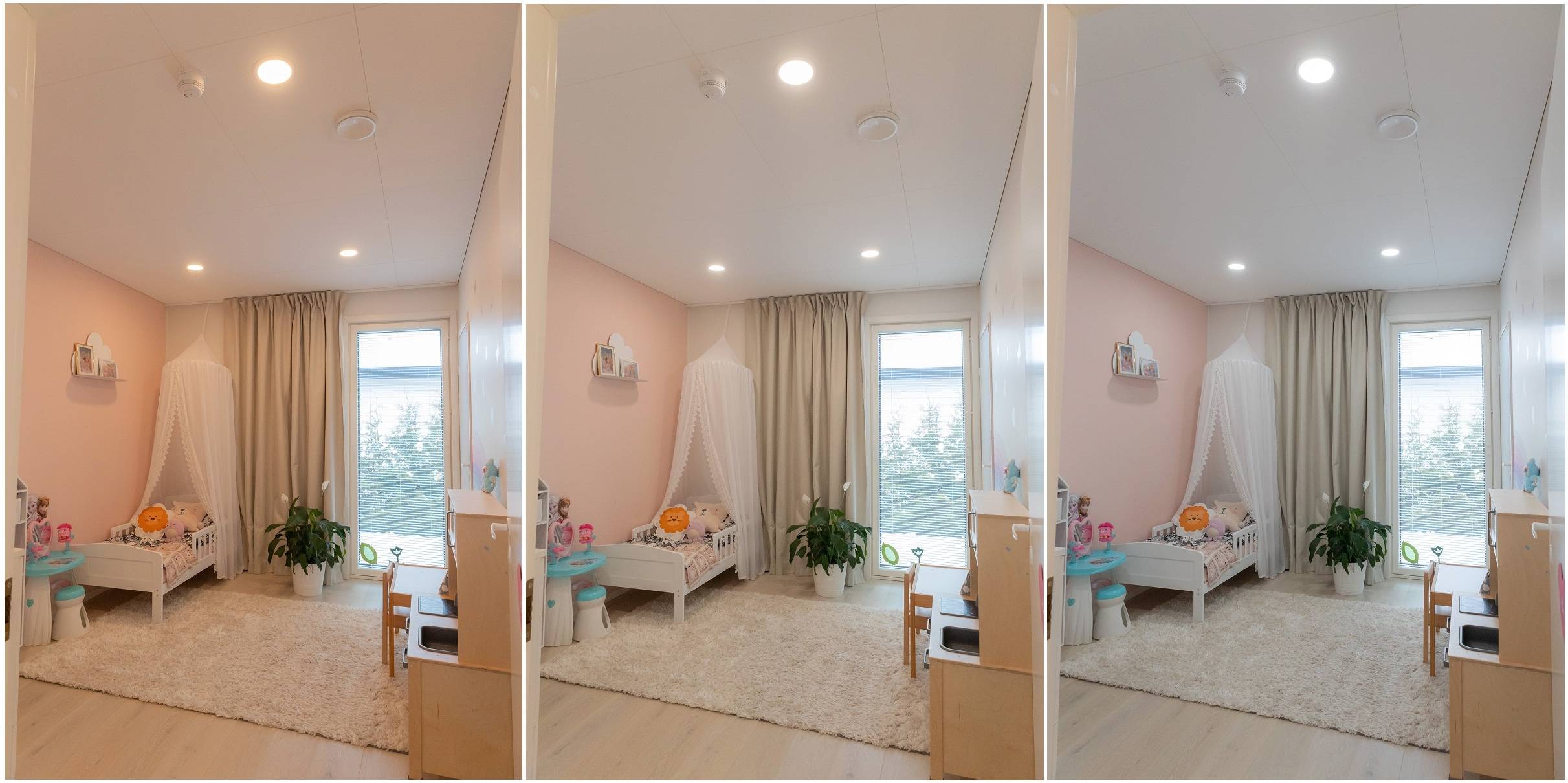 Trois photos d'une chambre d'enfant avec différentes températures de couleur de la lumière. De gauche à droite : chaud, neutre, froid.